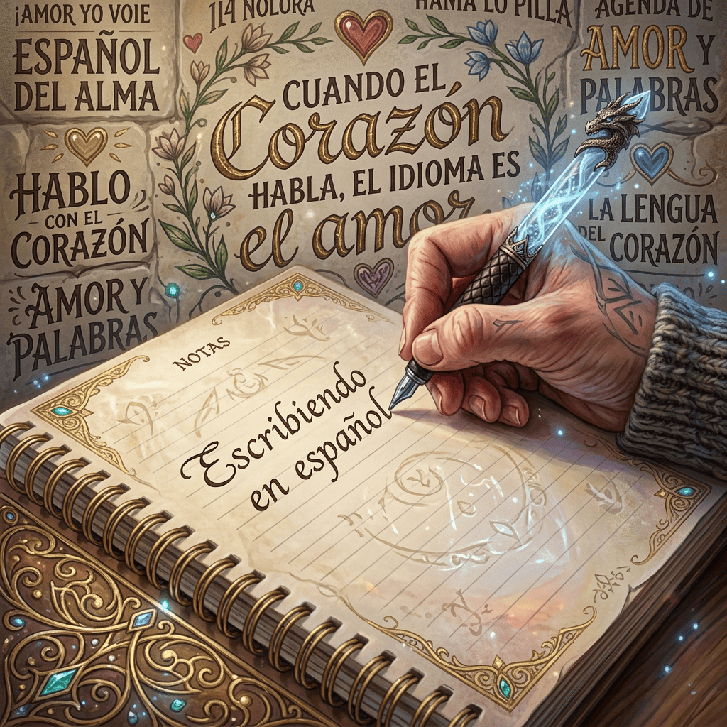 Hand writing “Escribiendo en español” in a spiral notebook