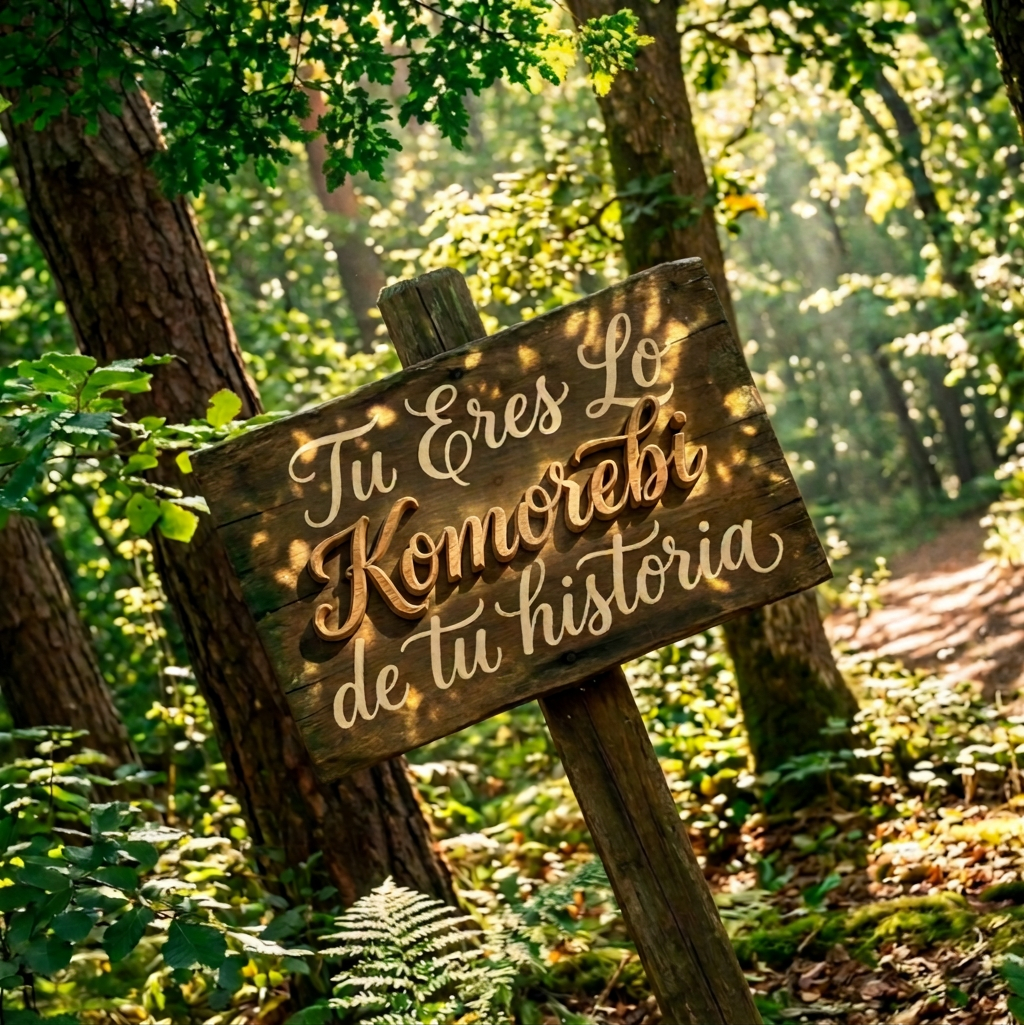 Forest sign inviting personal storytelling Wooden forest sign reading “Tu Eres el Komorebi de tu historia”