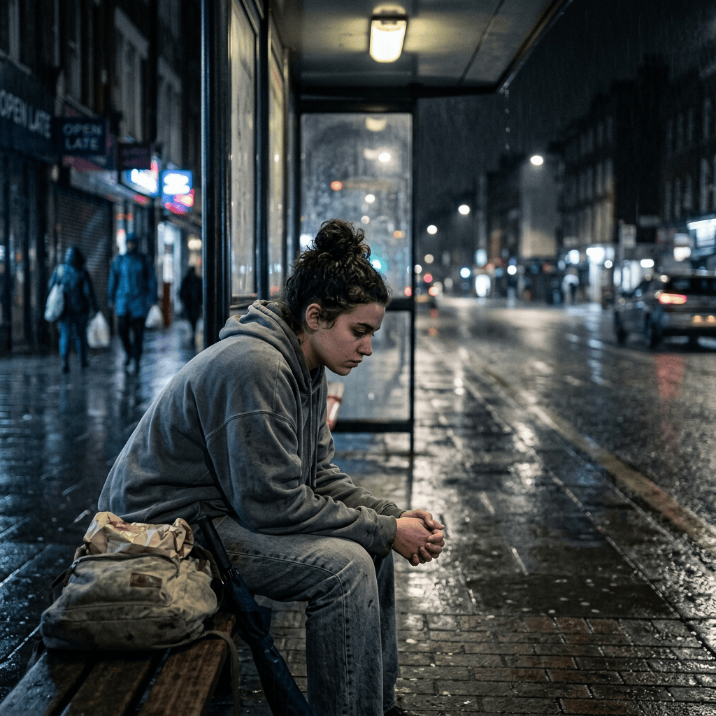 Young person sitting alone at a rainy city bus stop