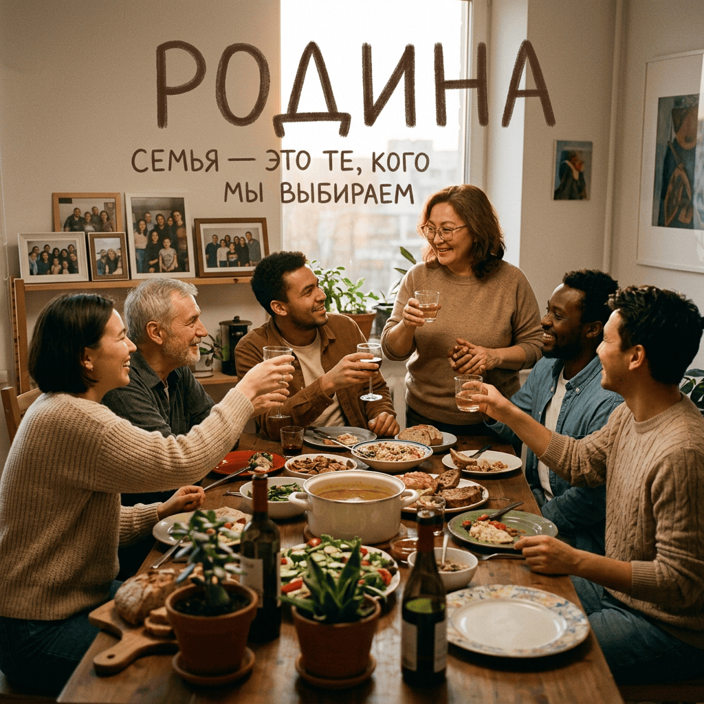 Six adults sharing a meal and raising glasses beneath Russian text: «РОДИНА» and «СЕМЬЯ — ЭТО ТЕ, КОГО МЫ ВЫБИРАЕМ»