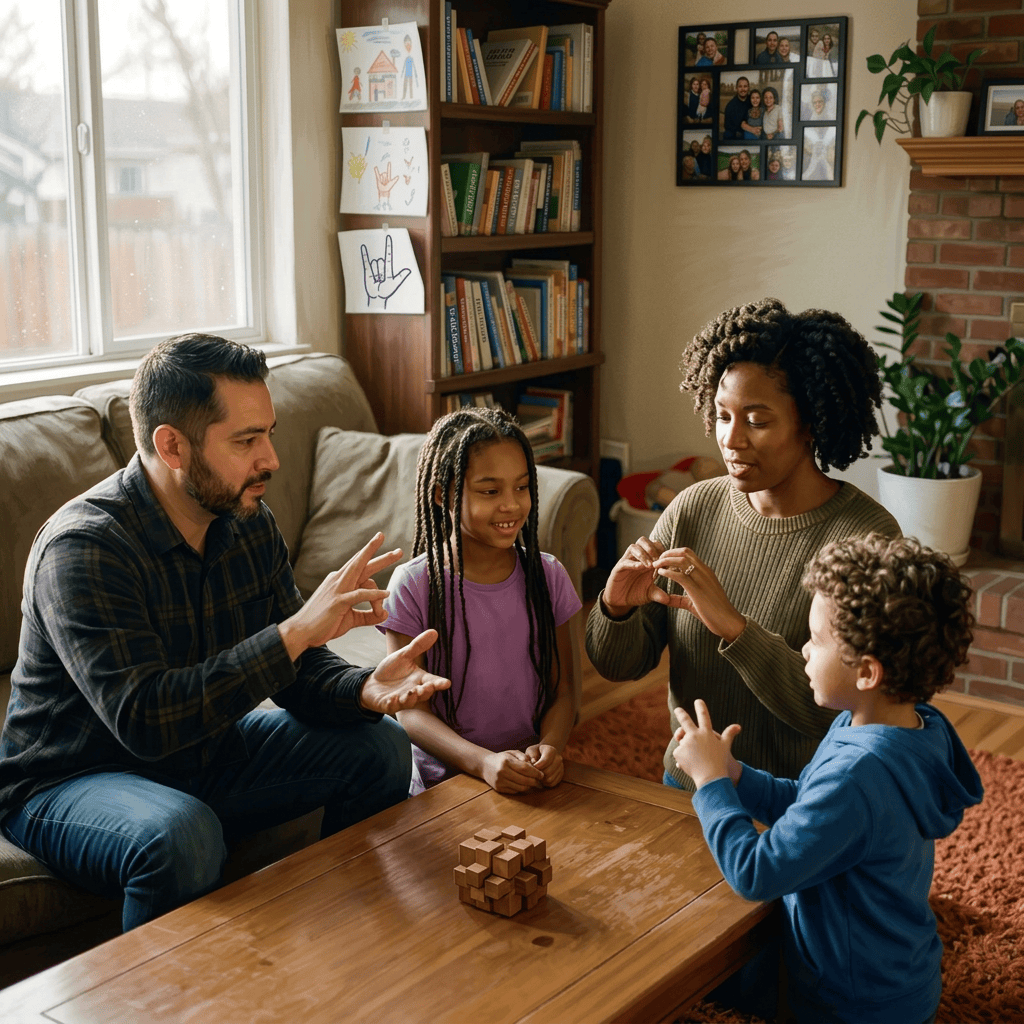 Family gathered around a coffee table, talking and learning together