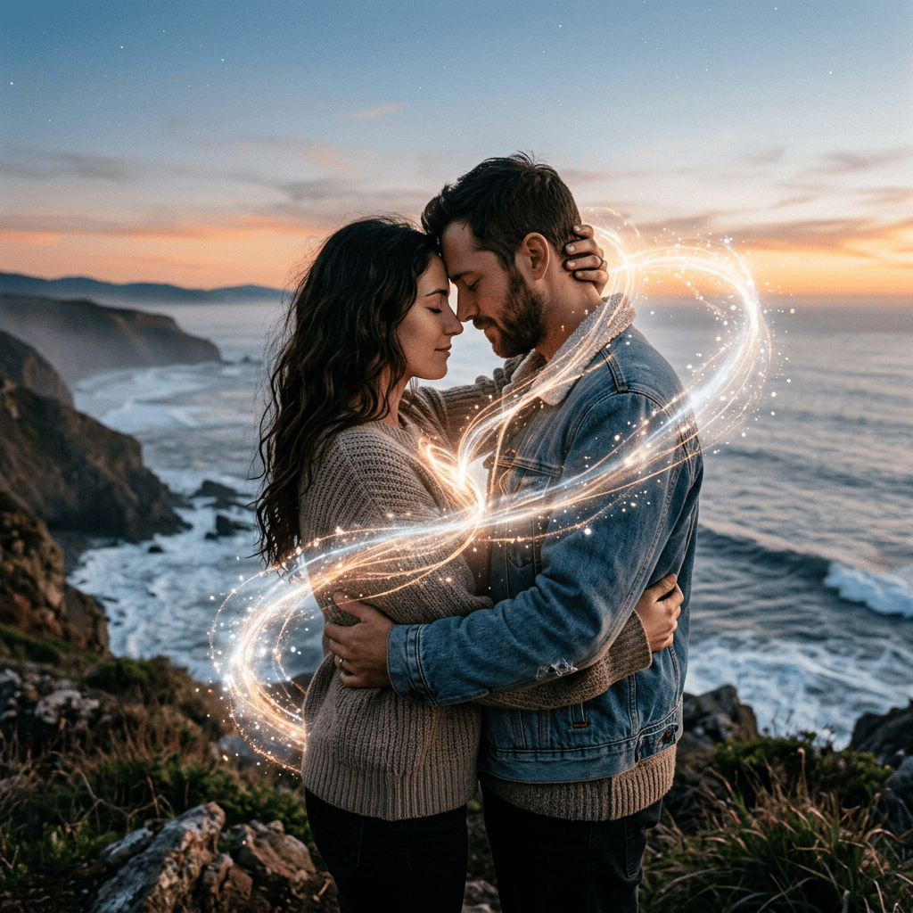 Couple embracing on a rocky seaside cliff with glowing light trails