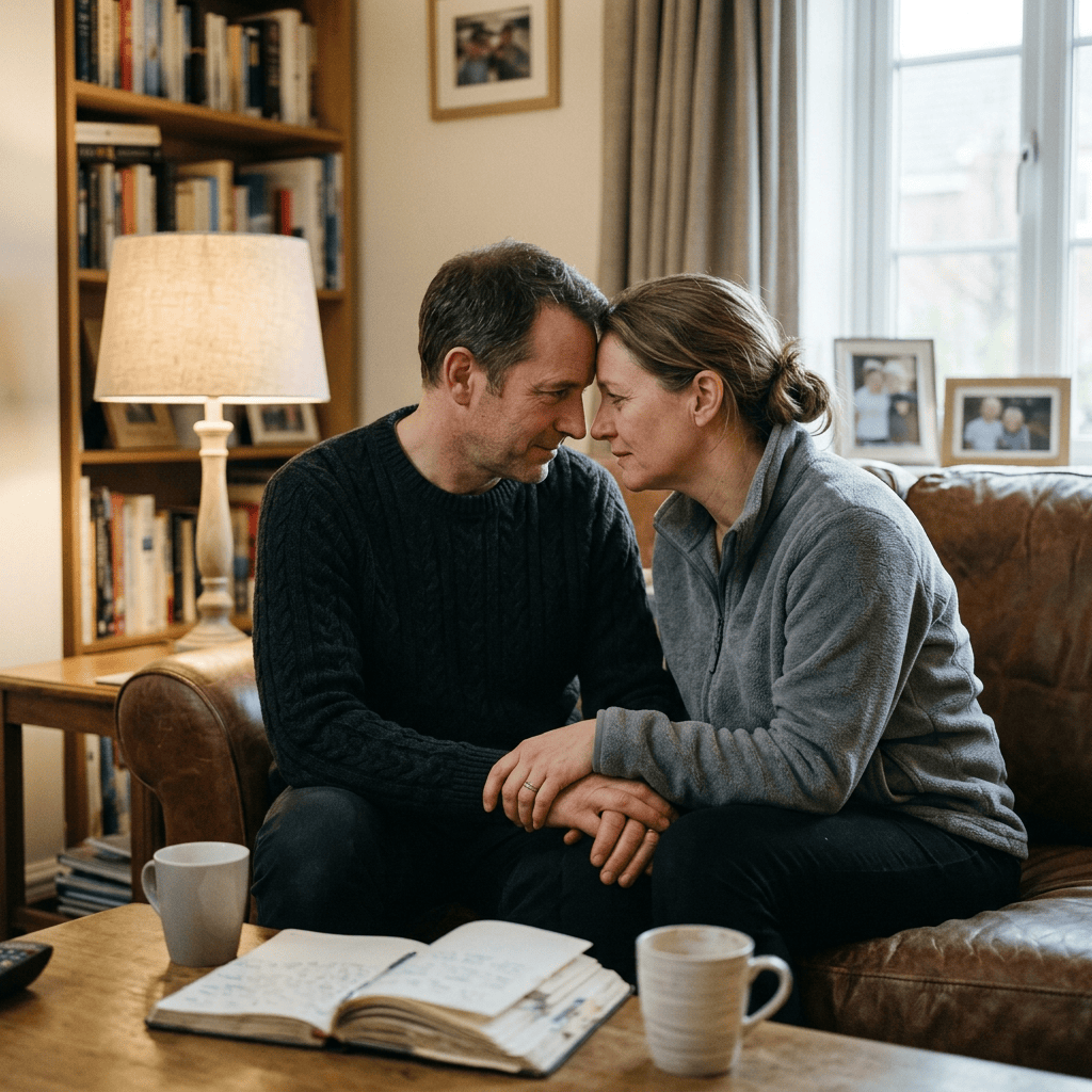 Couple holding hands and touching foreheads on a sofa