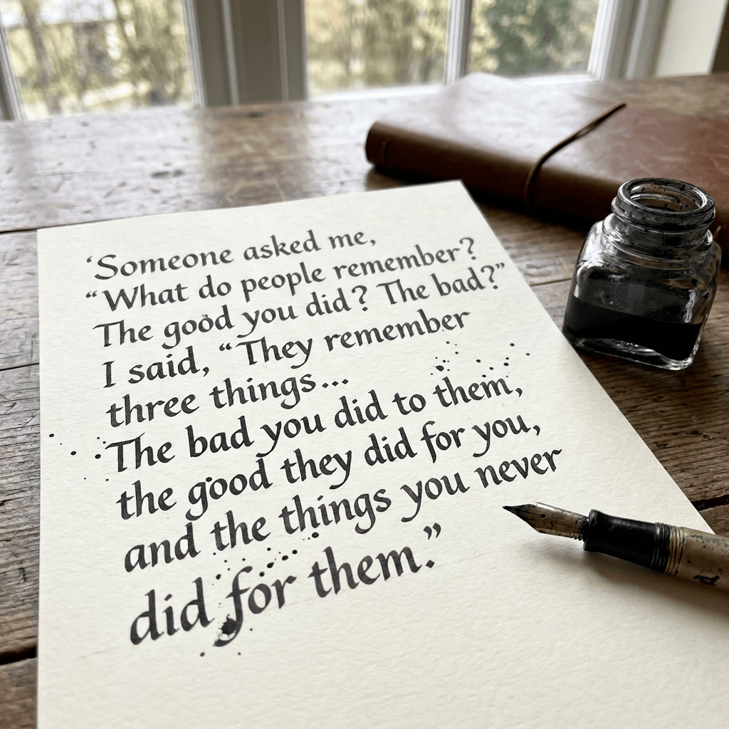 Handwritten quote: “Someone asked me, ‘What do people remember? The good you did? The bad?’ I said, ‘They remember three things… The bad you did to them, the good they did for you, and the things you never did for them.’”