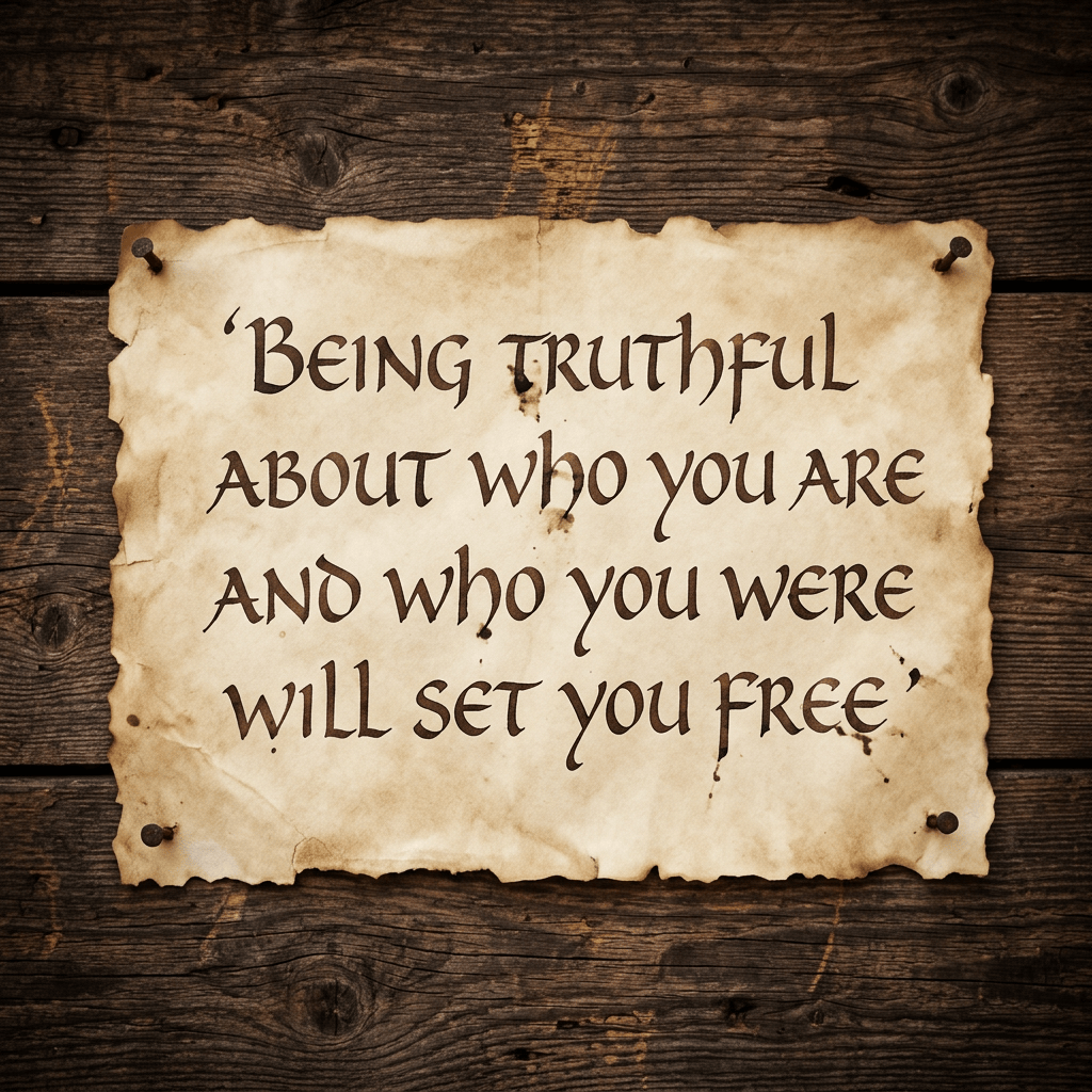 Parchment reading “Being truthful about who you are and who you were will set you free”