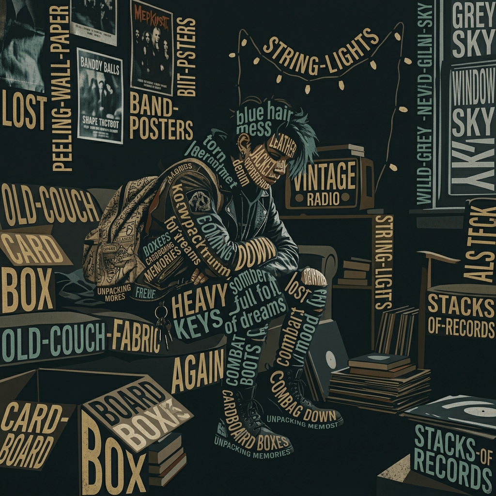 Young person sitting among moving boxes, books, and vinyl records