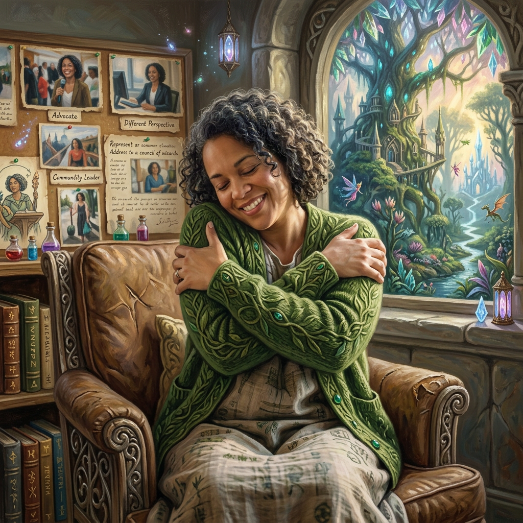 Smiling woman embracing herself in a sunlit armchair