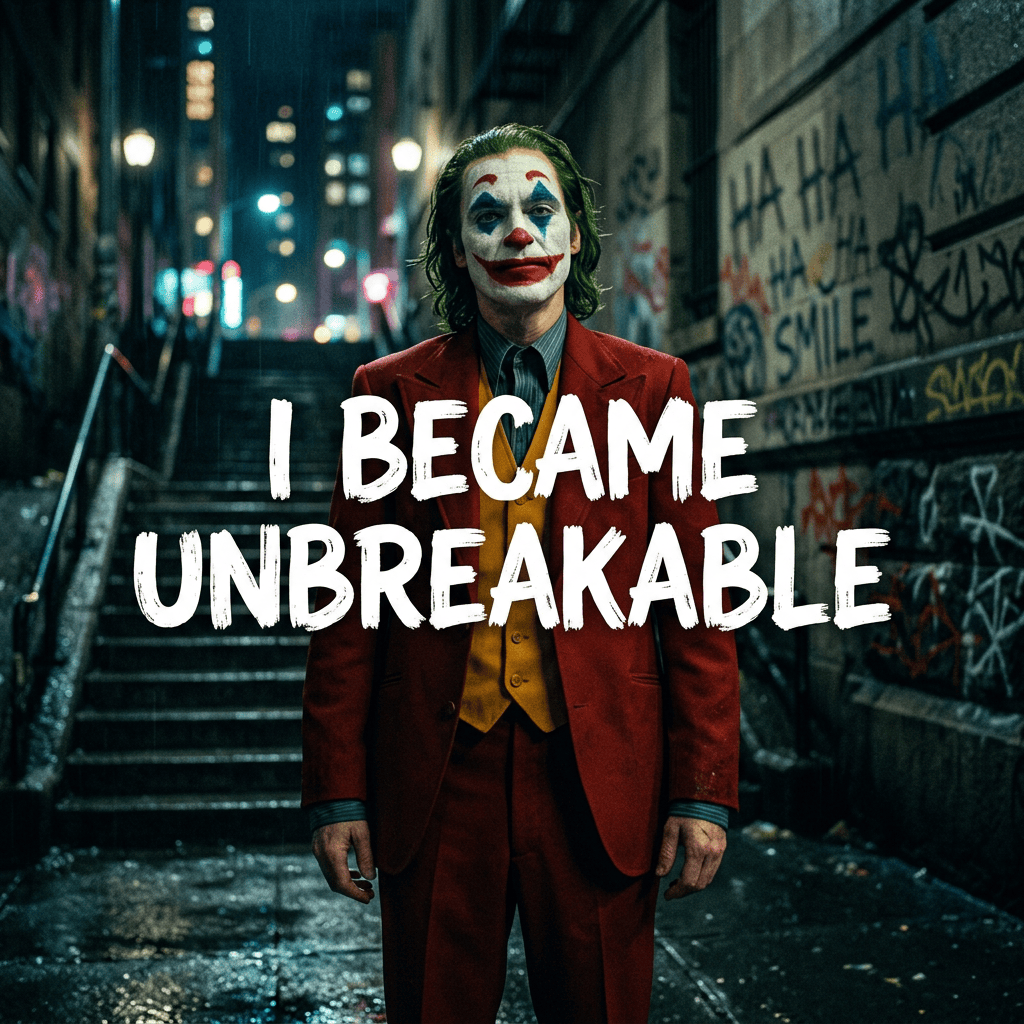 Painted performer in red suit beneath text “I BECAME UNBREAKABLE”