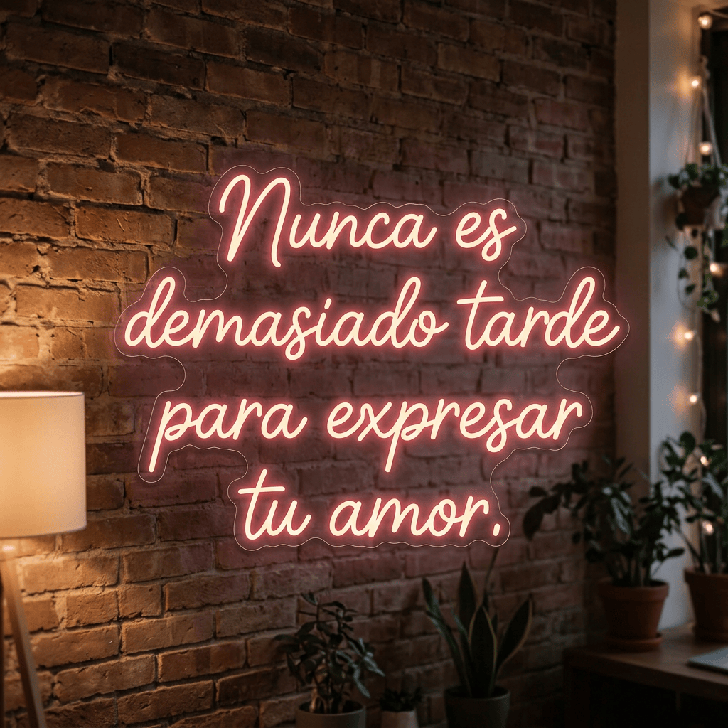 Neon sign reading “Nunca es demasiado tarde para expresar tu amor.”